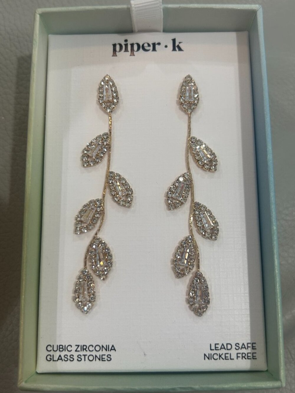 Piper K Leaf Dangle Drop Cubic Zirconia Glass Stones Earrings New in Box